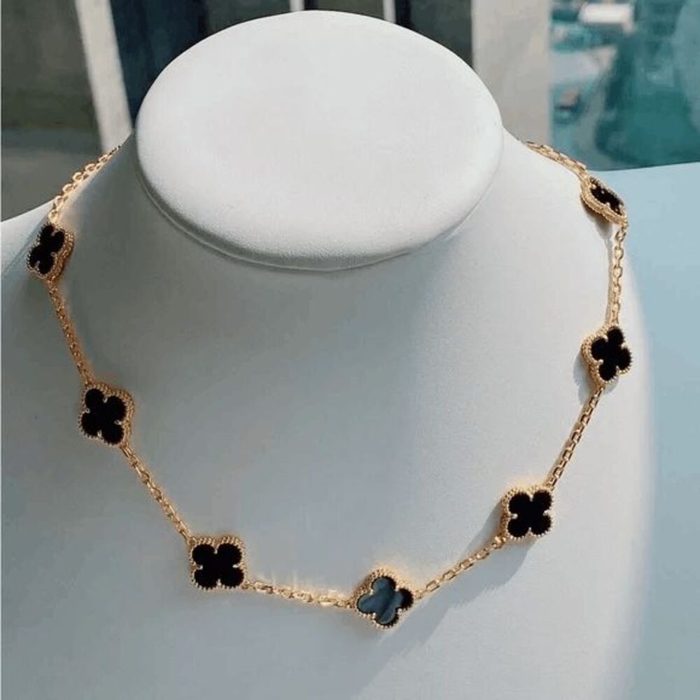 18K Rose Gold Van Cleef & Arpels Style Alhambra Necklace Black Onyx Inlay 40cm M